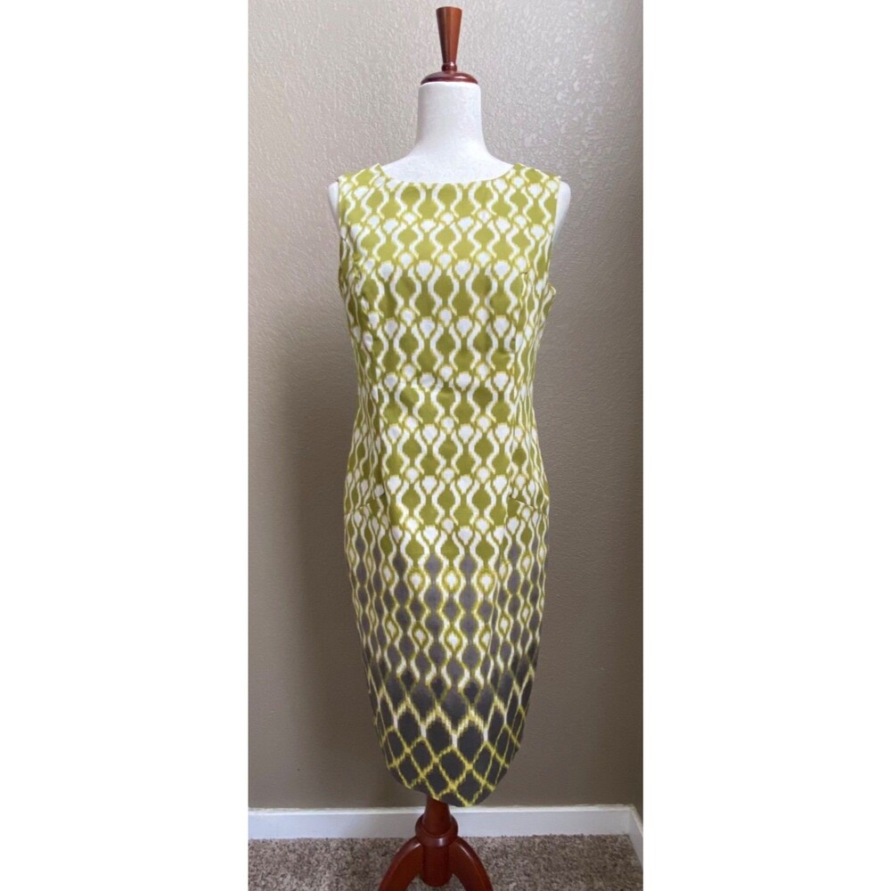 Tribal Dress Womens 6 Green Gray Ivory Cotton Sheath Midi Career Lined